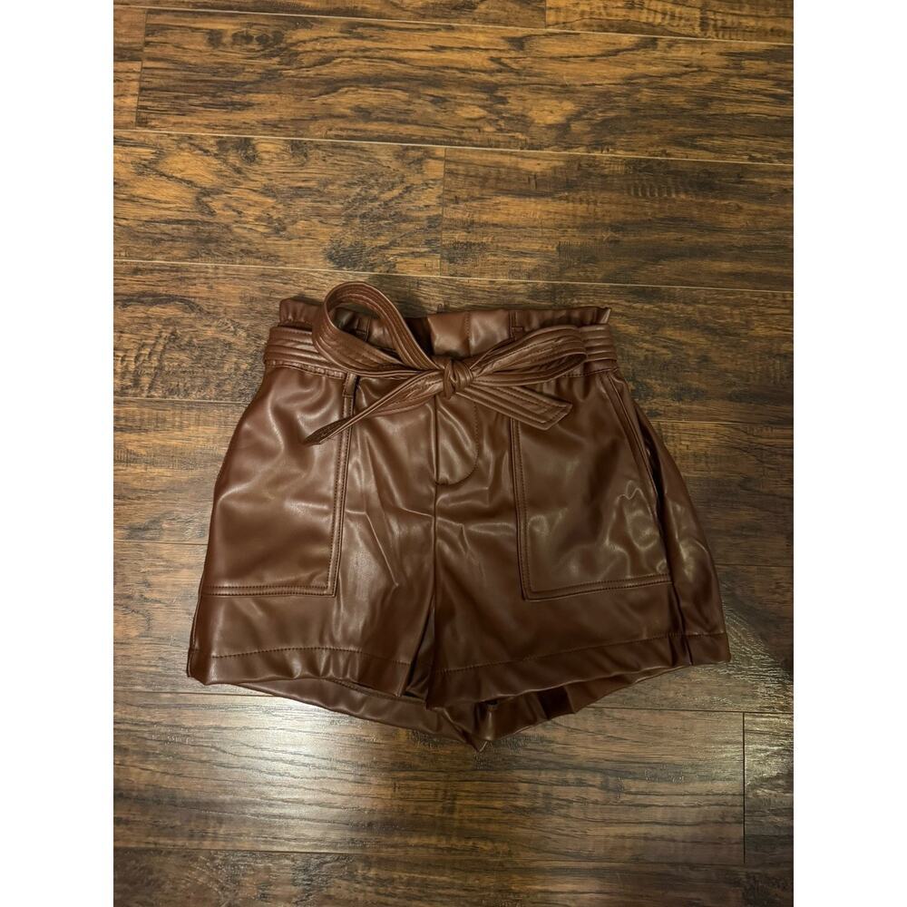 Hunter & Brown Women's Faux Leather Belt High Waist Shorts, Brown, Size S